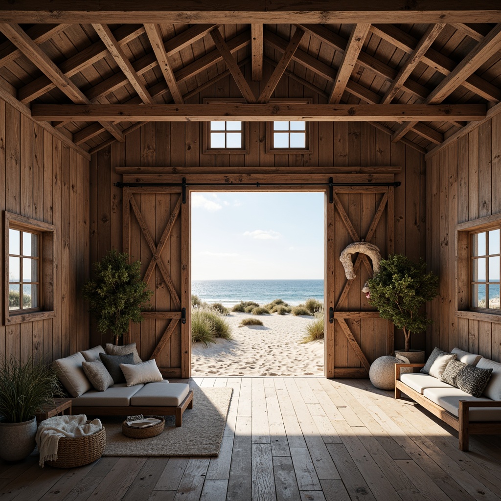 Prompt: Rustic beachside barn, weathered wooden planks, distressed metal accents, driftwood decorations, nautical ropes, sandy dunes, ocean views, vast open spaces, natural ventilation, reclaimed wood flooring, exposed beam ceilings, industrial-style lighting, minimalist decor, cozy nooks, plush textiles, calming color palette, soft warm lighting, shallow depth of field, 1/1 composition, symmetrical framing, realistic textures, ambient occlusion.