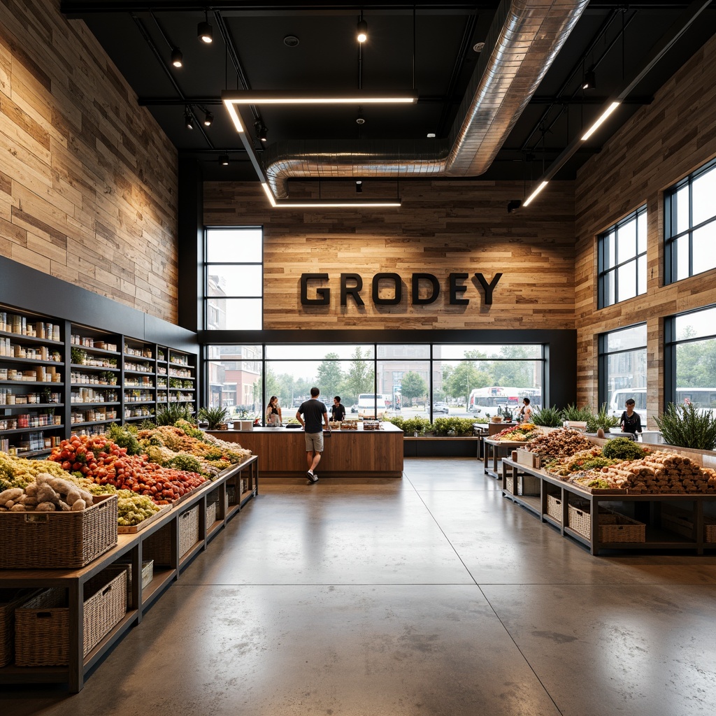 Prompt: Minimalist grocery store interior, industrial metal shelving, reclaimed wood accents, exposed ductwork, polished concrete floors, functional layout, geometric shapes, primary color scheme, bold typography, minimalist signage, open shelving systems, abundant natural light, large windows, industrial-style lighting fixtures, modern refrigeration units, wooden crates, woven baskets, neutral color palette, 1/1 composition, shallow depth of field, soft warm lighting, realistic textures.