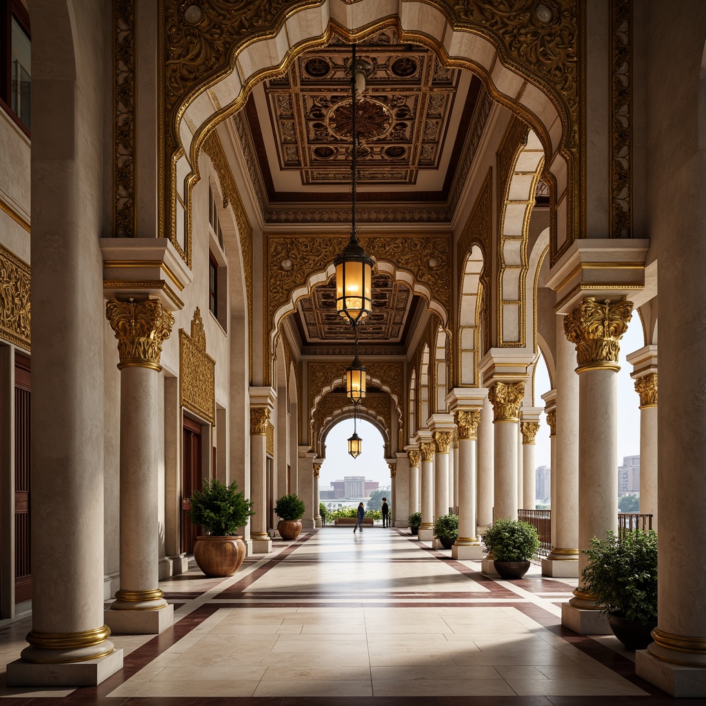 Prompt: Intricate ornamental arches, Moorish-inspired architecture, grand entranceways, lavish decorations, elegant curves, sophisticated details, luxurious materials, marble columns, golden accents, ornate metalwork, intricate stone carvings, majestic vaulted ceilings, soft warm lighting, shallow depth of field, 3/4 composition, realistic textures, ambient occlusion.