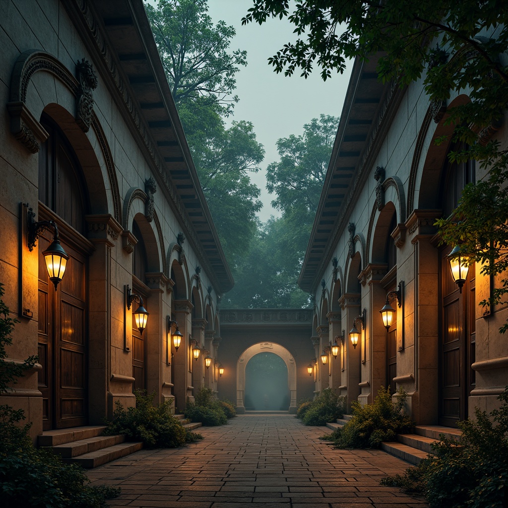 Prompt: Intricate stone carvings, ornate metalwork, mystical lanterns, grandiose archways, rustic wooden doors, distressed stonewalls, mysterious foggy atmosphere, ancient trees, overgrown vegetation, eerie twilight, warm golden lighting, dramatic shadows, low-angle composition, symmetrical framing, high-contrast textures, ambient occlusion.