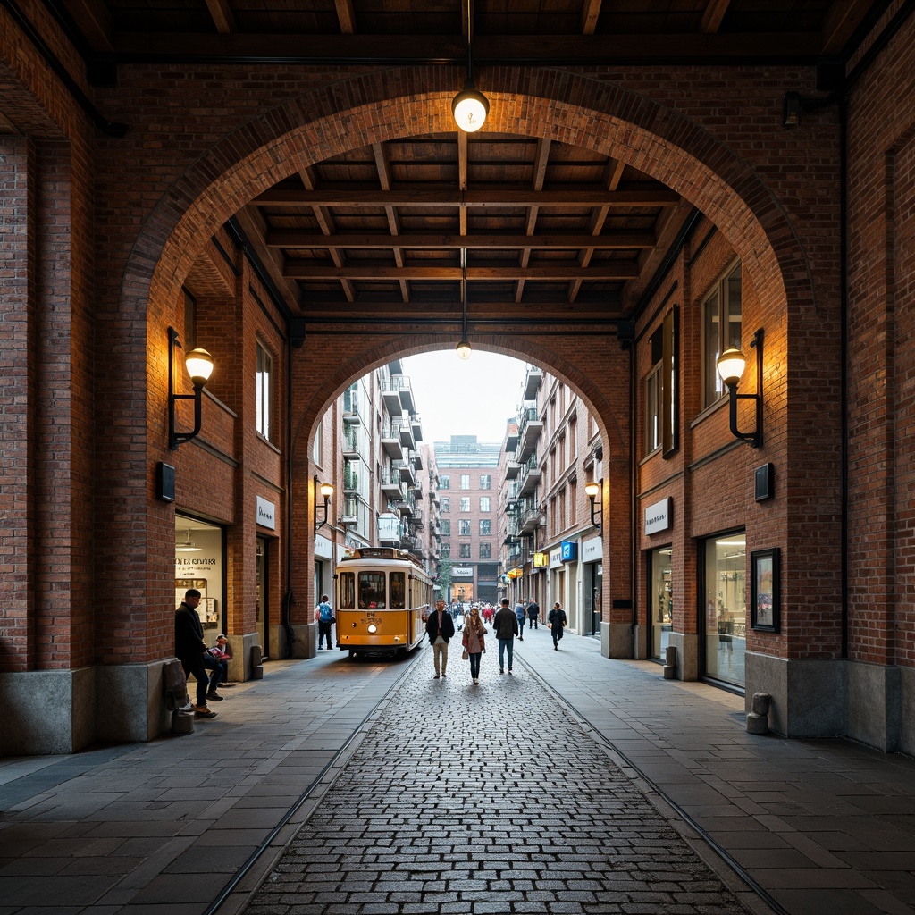 Prompt: Rustic tram station, exposed brick walls, rough-hewn stone floors, vaulted ceilings, industrial lighting fixtures, steel beams, modern urban architecture, busy city streets, morning rush hour, soft natural light, shallow depth of field, 2/3 composition, realistic textures, ambient occlusion.