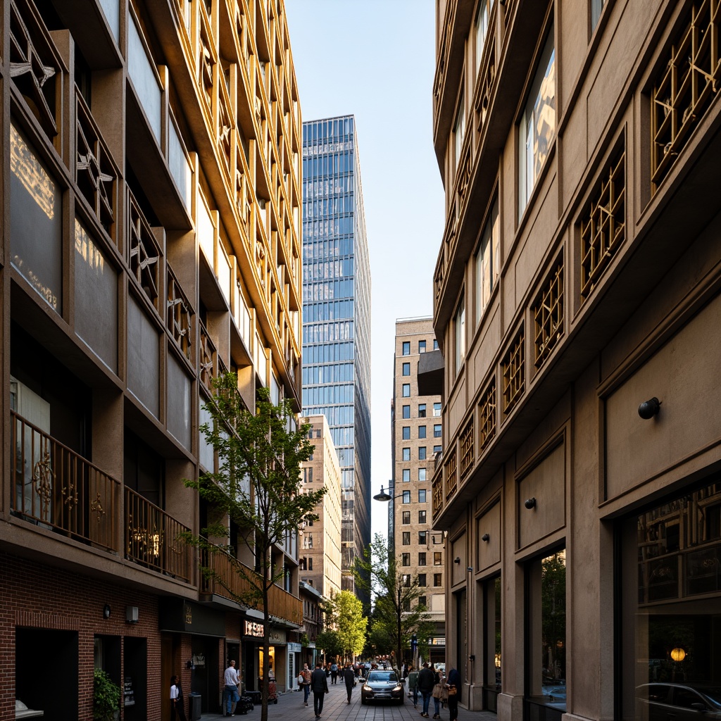 Prompt: Geometric ornate windows, metallic frames, lavish decorations, luxurious materials, opulent skyscrapers, zigzag patterns, chevron designs, sunburst motifs, circular shapes, bold colors, vibrant textures, high-rise buildings, urban landscapes, morning sunlight, soft warm glow, shallow depth of field, 1/1 composition, realistic reflections, ambient occlusion.