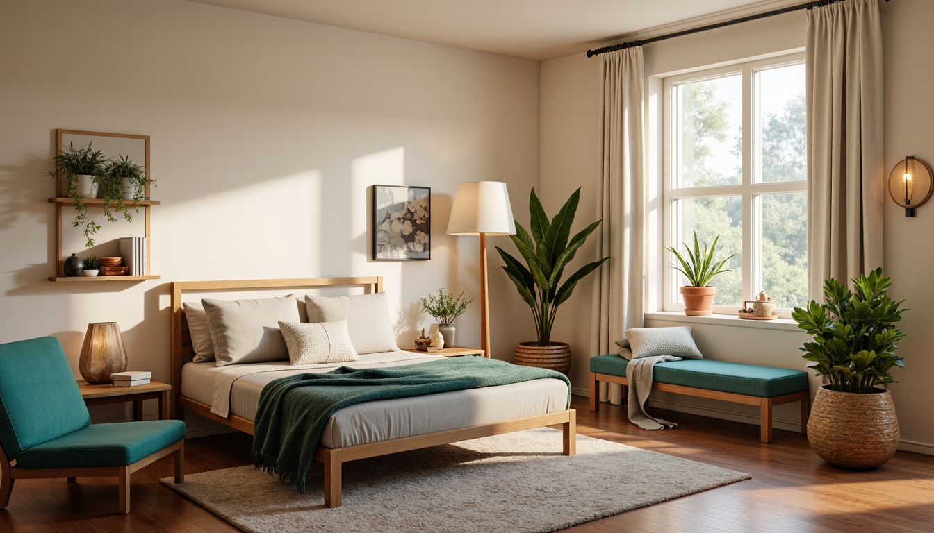 Prompt: Cozy dorm room, warm beige walls, soft gray bedding, plush area rug, modern minimalist furniture, sleek metal frames, vibrant turquoise accents, natural wood tones, earthy terracotta pots, lush green plants, calming ambiance, soft box lighting, warm white curtains, comfortable reading nook, relaxing atmosphere, 1/1 composition, realistic textures, subtle shading.