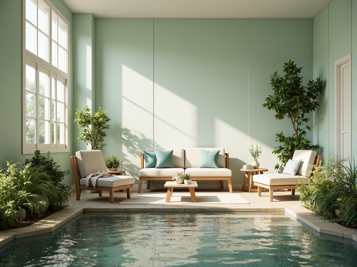 Prompt: Soft mint walls, creamy white trim, warm beige furniture, natural wood accents, pastel blue decorations, calming greenery, lush plants, gentle water features, serene ambient lighting, soft focus, shallow depth of field, 1/1 composition, peaceful atmosphere, morning sunlight, subtle textures, minimal ornamentation.