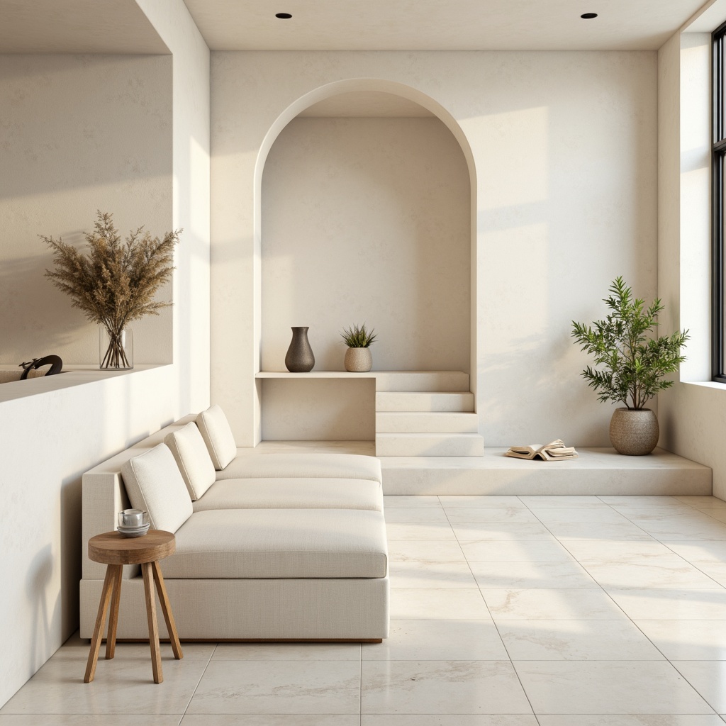 Prompt: Soft creamy whites, warm beige tones, gentle limestone grays, subtle earthy browns, calming blue-green undertones, minimalist architectural forms, clean lines, simple geometric shapes, natural stone textures, matte finishes, soft diffused lighting, shallow depth of field, 1/1 composition, serene atmosphere, quiet elegance.