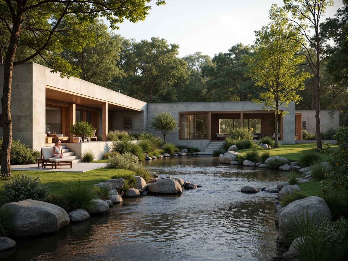 Prompt: Riverbank setting, serene water flow, lush greenery, weathered limestone walls, minimalist architecture, clean lines, simple forms, natural materials, earthy tones, wooden accents, floor-to-ceiling windows, sliding glass doors, expansive outdoor spaces, tranquil atmosphere, warm sunlight, soft shadows, shallow depth of field, 3/4 composition, panoramic view, realistic textures, ambient occlusion.