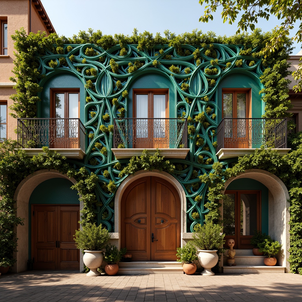 Prompt: Intricate ornate facade, flowing organic lines, sinuous curves, botanical ornaments, vibrant turquoise accents, grand entrance archways, decorative wrought iron balconies, stained glass windows, rustic stone walls, ornate wooden doors, luxurious golden lighting, warm afternoon sunbeams, shallow depth of field, 1/2 composition, symmetrical view, realistic textures, ambient occlusion.