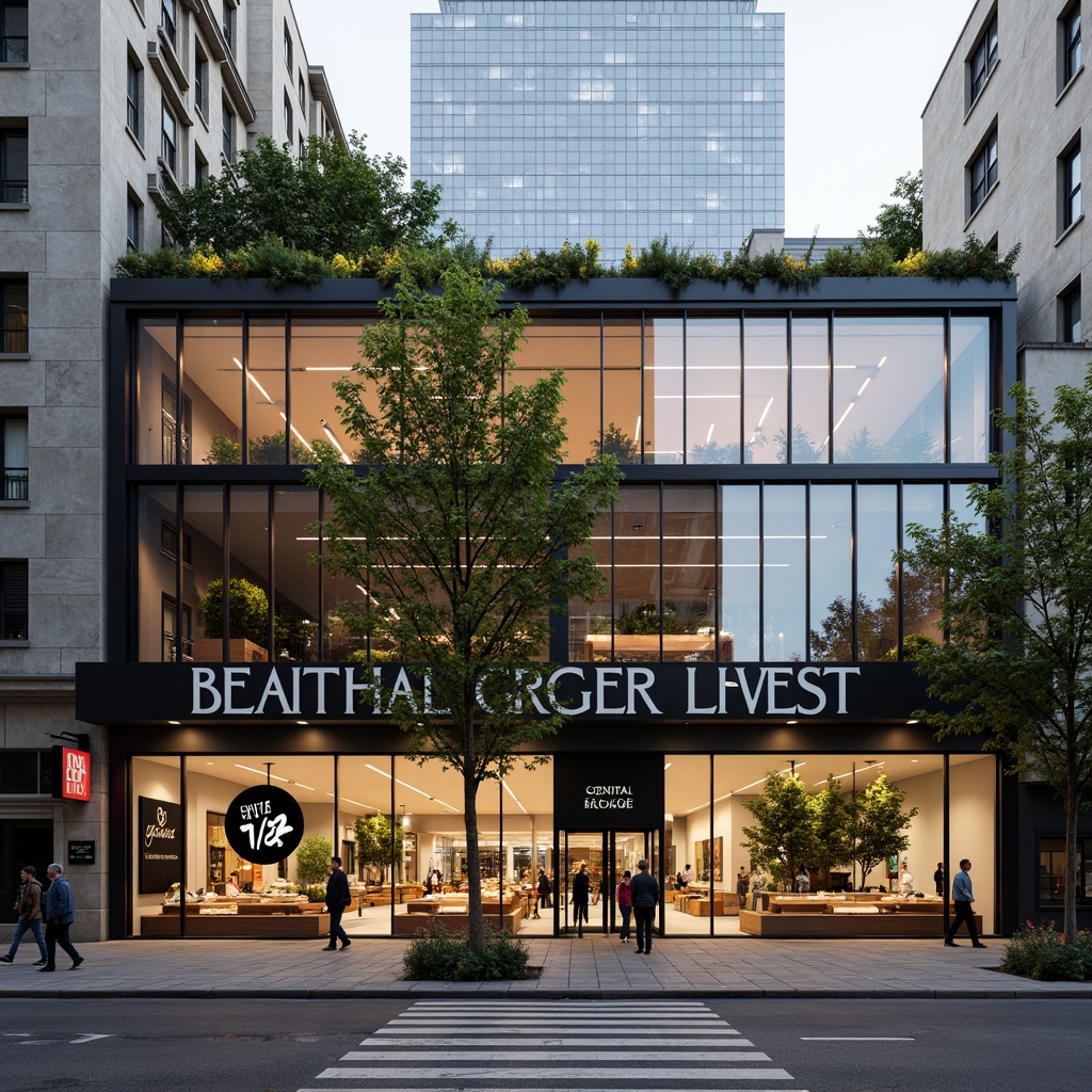 Prompt: Bauhaus-inspired grocery store facade, clean lines, rectangular forms, industrial materials, steel frames, large glass windows, minimalist signage, bold typography, primary color accents, functional aesthetics, urban streetscape, bustling city atmosphere, morning sunlight, high-contrast shadows, dramatic lighting effects, 1/2 composition, symmetrical balance, geometric patterns, modernist architectural elements.