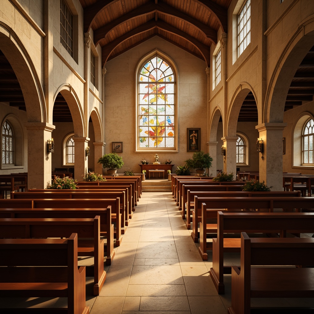 Prompt: Serene religious atmosphere, soft warm lighting, calming color scheme, earthy tones, natural stone walls, wooden pews, stained glass windows, vibrant spiritual symbols, ornate architectural details, peaceful ambiance, gentle curves, symmetrical compositions, subtle texture overlays, realistic material rendering, subtle glow effects.