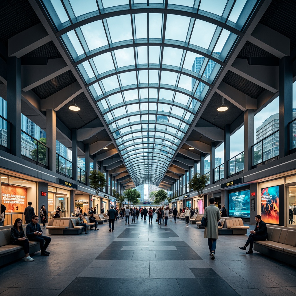 Prompt: Futuristic metro station, sleek modern architecture, curved glass ceilings, metallic pillars, LED lighting systems, interactive digital displays, high-speed escalators, advanced surveillance cameras, polished granite floors, minimalist benches, vibrant neon signage, urban cityscape views, bustling crowd atmosphere, shallow depth of field, 1/2 composition, panoramic view, realistic textures, ambient occlusion.