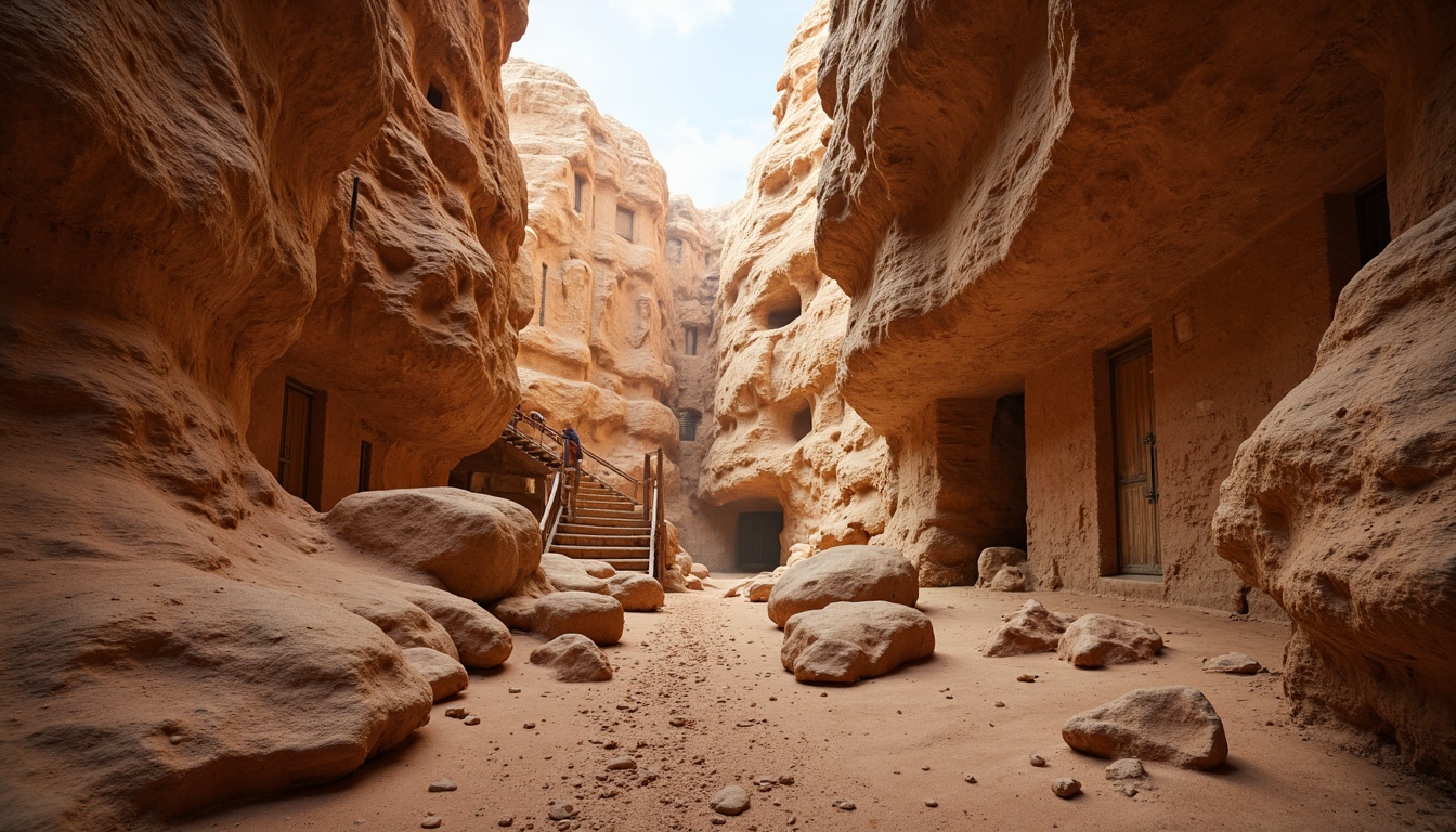 Prompt: Rugged canyon terrain, sandy rock formations, weathered stone walls, eroded cliff edges, dusty trails, wooden bridge crossings, natural rock overhangs, earthy color palette, organic textures, ambient occlusion, warm golden lighting, soft focus, 1/1 composition, realistic rendering, atmospheric perspective, subtle mist effects.