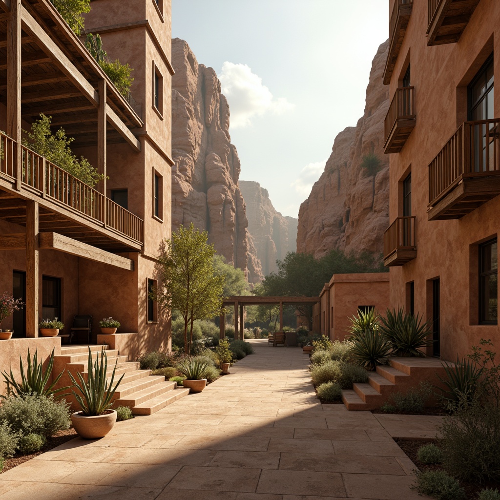 Prompt: Rustic canyon landscape, weathered rock formations, earthy tones, sandy dunes, cactus plants, wooden bridges, natural stone walkways, worn wooden railings, distressed metal accents, vintage outdoor furniture, warm golden lighting, soft shadows, ambient occlusion, 1/1 composition, cinematic camera angles, realistic textures, atmospheric misting.