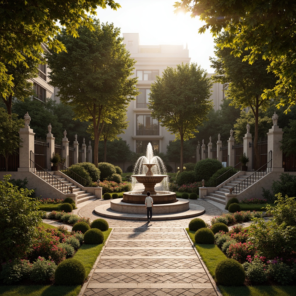 Prompt: Ornate fountain, grand staircases, symmetrical gardens, lavish statues, manicured hedges, vibrant flowerbeds, meandering pathways, rustic stone walls, ornamental iron gates, majestic trees, dramatic lighting, warm golden hues, soft focus, shallow depth of field, 1/2 composition, atmospheric perspective, realistic foliage, ambient occlusion.