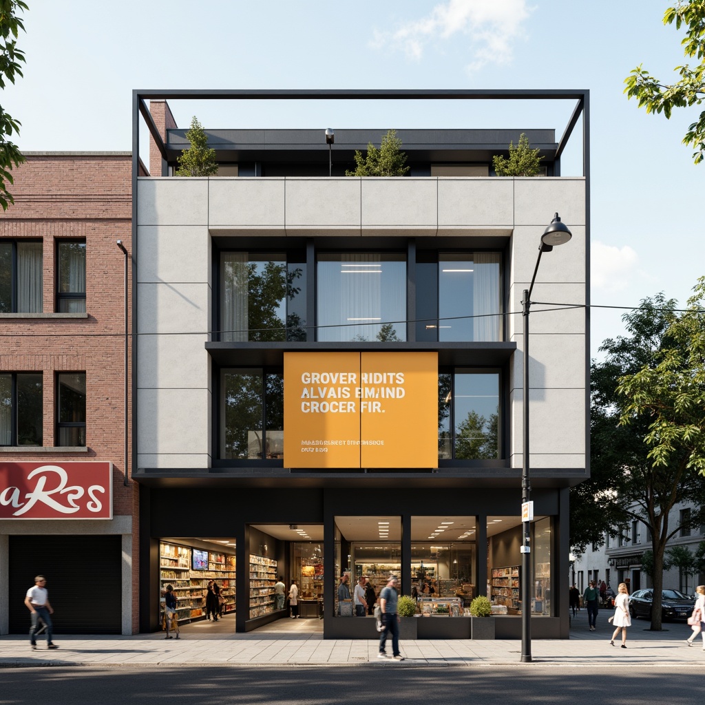 Prompt: Geometric grocery store facade, rectangular forms, clean lines, industrial materials, steel frames, large glass windows, minimalist signage, primary color accents, functional typography, urban cityscape, busy street scene, morning sunlight, high contrast shadows, 1/1 composition, symmetrical balance, bold geometric patterns, monochromatic color scheme, raw concrete textures, metallic tones, Bauhaus-inspired architecture.