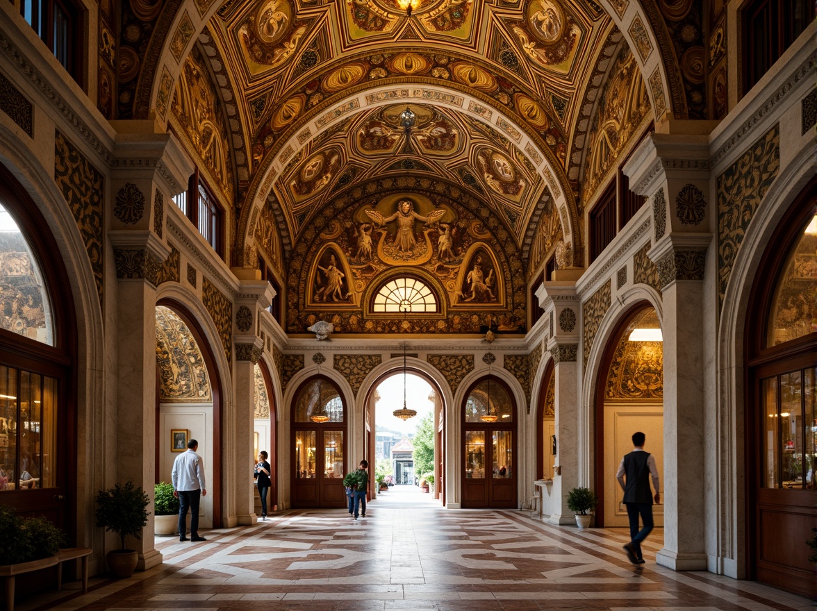 Prompt: Intricate archways, ornate carvings, golden mosaics, grand entrance halls, vaulted ceilings, symmetrical facades, marble columns, ornamental capitals, Byzantine-inspired patterns, rich textiles, warm ambient lighting, shallow depth of field, 1/2 composition, realistic textures, subtle color grading.