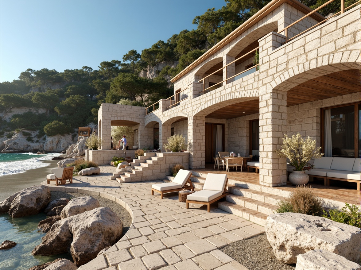 Prompt: Weathered coastal facade, rugged stone walls, textured brick surfaces, ocean-inspired color palette, sandy dunes, crashing waves, salty sea air, rustic seaside cottage, modern coastal villa, curved lines, nautical details, wooden accents, driftwood decorations, seashell patterns, beachy vibe, warm natural lighting, soft focus, 1/2 composition, symmetrical framing, atmospheric perspective, realistic textures.