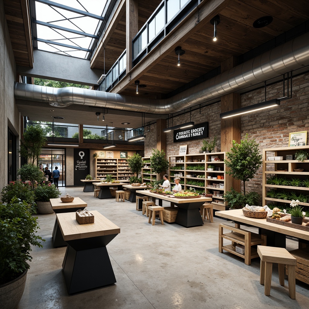 Prompt: Industrial chic grocery store interior, exposed ductwork, polished concrete floors, minimalist shelving units, functional metal tables, geometric display racks, monochromatic color scheme, bold typography signage, natural light pouring in through clerestory windows, open ceiling with visible pipes, reclaimed wood accents, industrial-style lighting fixtures, modernist architecture influences, angular lines, simplicity and functionality emphasis, abundant greenery, fresh produce stands, rustic wooden crates, earthy tones, warm atmospheric lighting, shallow depth of field, 2/3 composition, realistic textures, ambient occlusion.