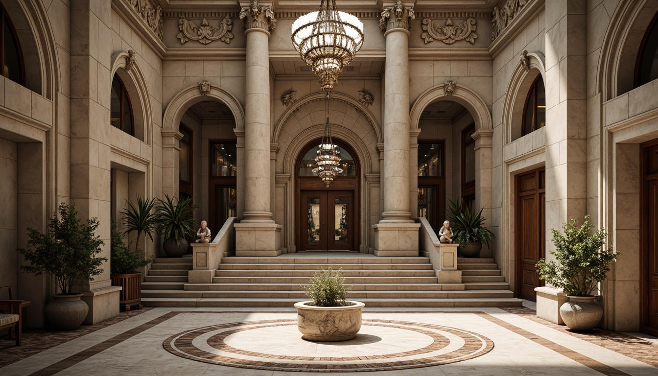 Prompt: Grand entrance, ornate columns, carved marble statues, symmetrical facade, imposing stone arches, intricately patterned floors, elegant chandeliers, sweeping staircases, lavish furnishings, refined moldings, subtle color palette, natural stone walls, imposing bronze doors, grandiose high ceilings, dramatic lighting effects, 1/2 composition, shallow depth of field, realistic textures.