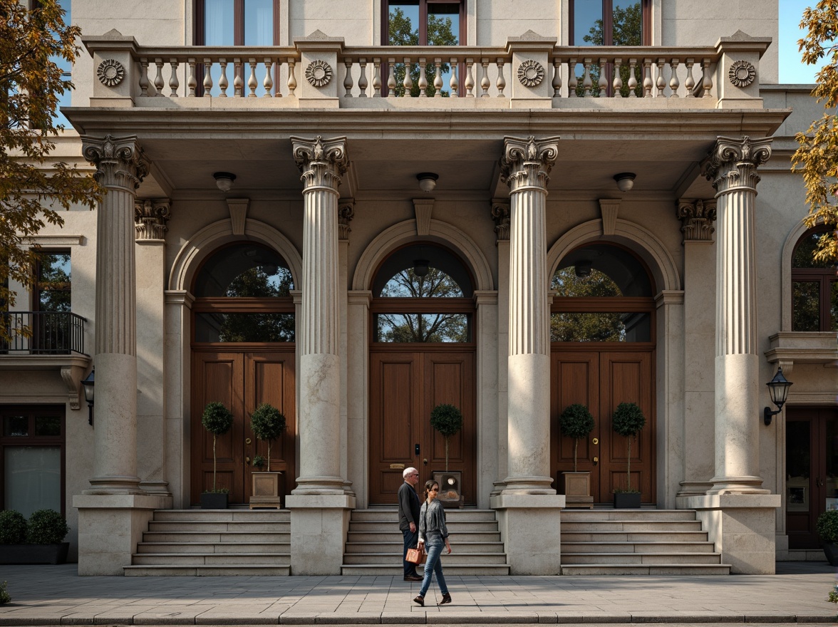 Prompt: Grandiose bank facade, neoclassical columns, ornate carvings, intricate moldings, rusticated stone base, symmetrical composition, balanced proportions, dignified entrance, arched windows, Corinthian capitals, decorative friezes, richly textured limestone, subtle warm lighting, shallow depth of field, 2/3 composition, realistic render, ambient occlusion.