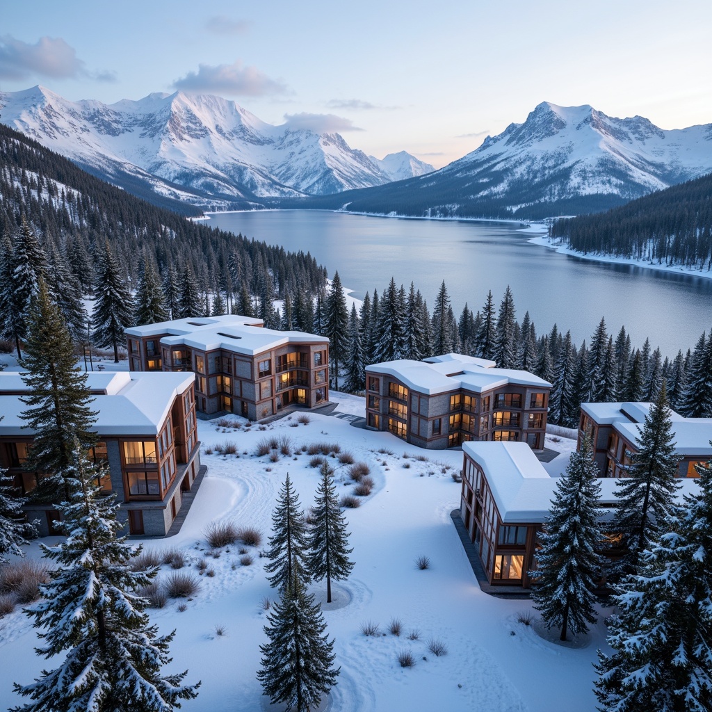 Prompt: Snow-capped mountains, frozen lakes, pine tree forests, ski lifts, chairlifts, gondolas, mountain lodges, rustic wooden buildings, modern glass facades, cantilevered roofs, angular lines, minimalist design, natural stone walls, snow-covered roofs, warm cozy lighting, ambient atmosphere, shallow depth of field, 1/1 composition, panoramic view, realistic textures, ambient occlusion.