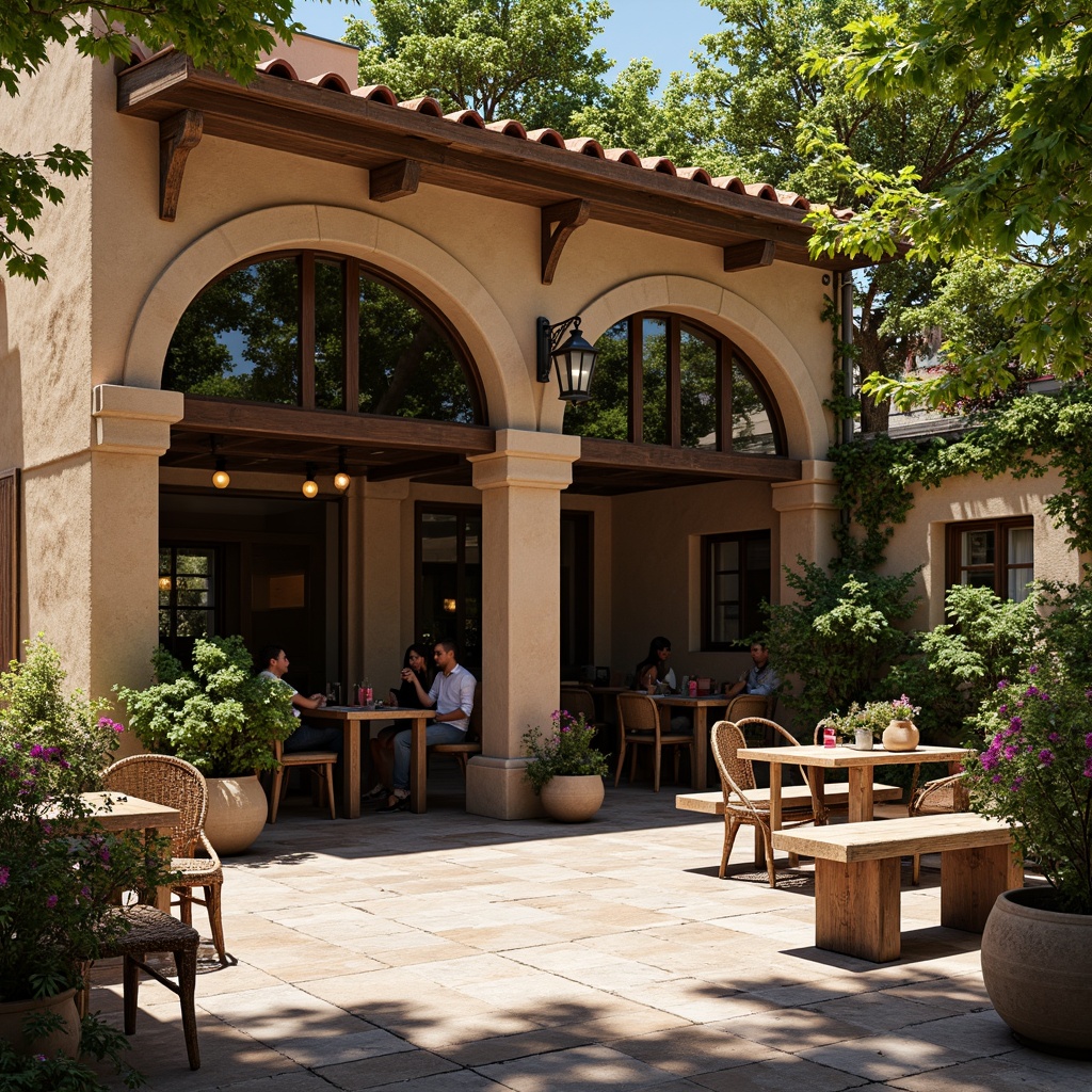 Prompt: Rustic coffee shop facade, Romanesque arches, warm earthy tones, lush greenery, vibrant flowers, natural stone pavers, ornate metal benches, lantern-style lighting, cozy outdoor seating, wooden tables, vintage-inspired decor, climbing vines, blooming trees, sunny afternoon, soft warm lighting, shallow depth of field, 3/4 composition, panoramic view, realistic textures, ambient occlusion.