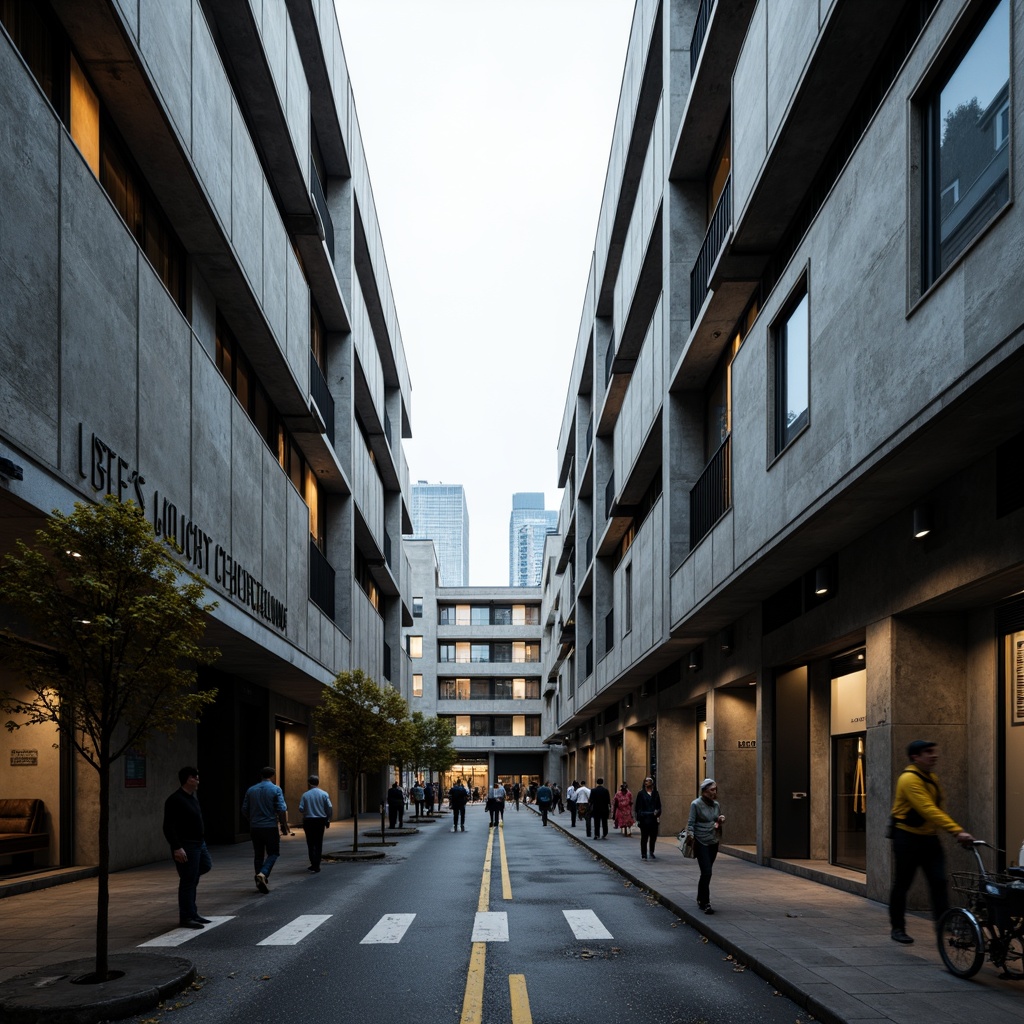 Prompt: Rugged school buildings, brutalist architecture, raw concrete walls, exposed ductwork, industrial-style lighting fixtures, metal beams, reinforced columns, geometric shapes, minimalist decoration, functional design, urban context, busy streets, cityscape views, overcast skies, dramatic shadows, high-contrast lighting, bold color accents, graphic textures, abstract patterns, 2/3 composition, symmetrical framing, cinematic mood, gritty realism.