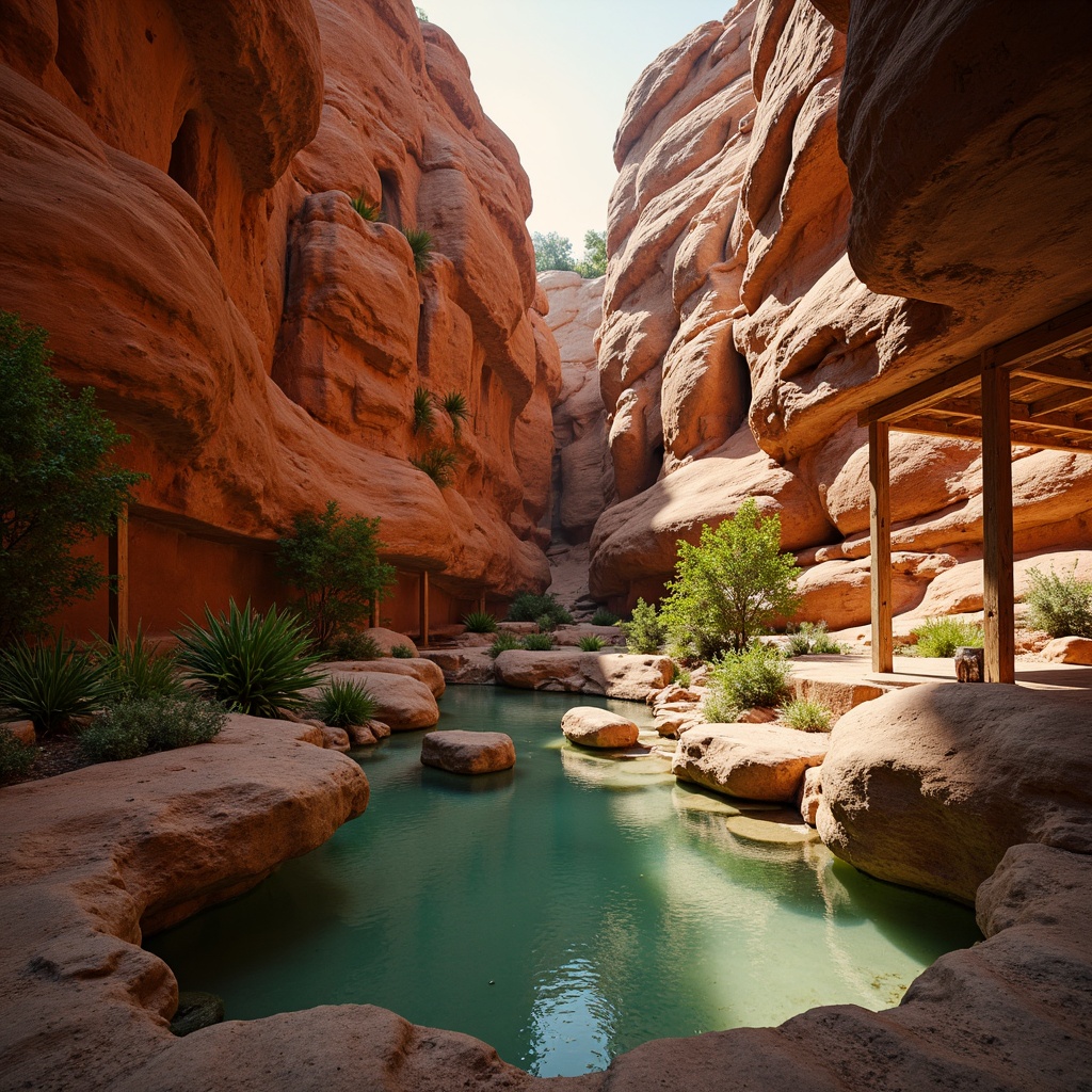 Prompt: Warm sandy canyon walls, rustic earthy tones, terracotta red rocks, deep turquoise waters, vibrant greenery, weathered wooden accents, natural stone formations, majestic rock formations, soft warm lighting, shallow depth of field, 3/4 composition, panoramic view, realistic textures, ambient occlusion.