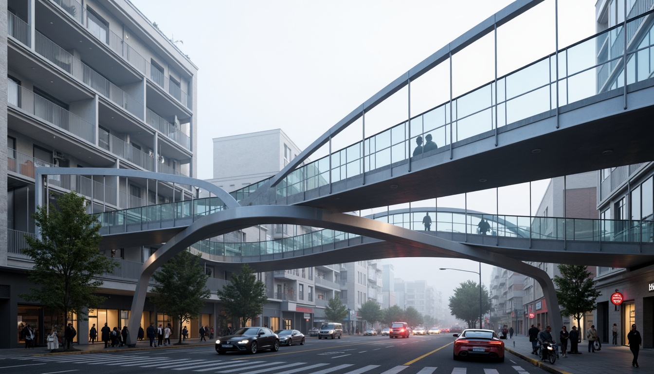 Prompt: Modern pedestrian bridge, sleek steel arches, suspended walkways, cable-stayed systems, minimalist railings, transparent glass floors, cantilevered sections, dynamic lighting effects, urban cityscape, busy street traffic, morning fog, soft misty atmosphere, shallow depth of field, 2/3 composition, realistic reflections, ambient occlusion.