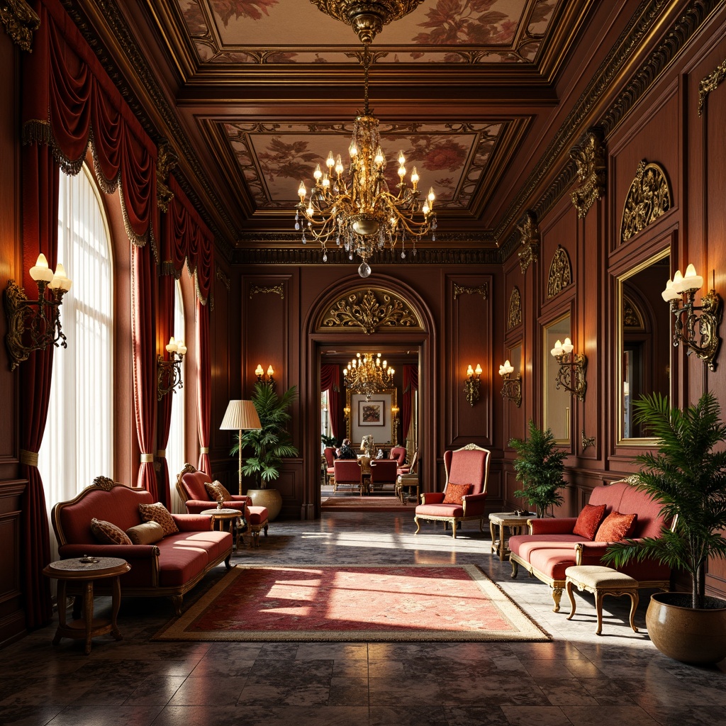 Prompt: Intricate carvings, luxurious fabrics, ornate furniture, grand chandeliers, marble floors, lavish decorations, rich wood tones, velvet drapes, gilded accents, ornamental mirrors, baroque patterns, intricate moldings, opulent textures, regal atmosphere, warm golden lighting, shallow depth of field, 1/1 composition, realistic reflections, ambient occlusion.