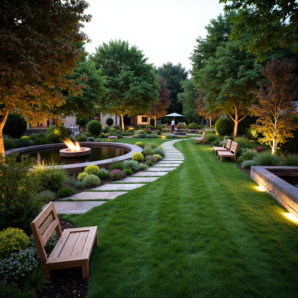 Prompt: Manicured lawn, lush greenery, blooming flowers, meandering pathways, natural stone pavers, wooden benches, tranquil water features, ornamental lighting, vibrant planters, cozy fire pit, outdoor seating area, soft warm ambiance, shallow depth of field, 1/1 composition, panoramic view, realistic textures, ambient occlusion.