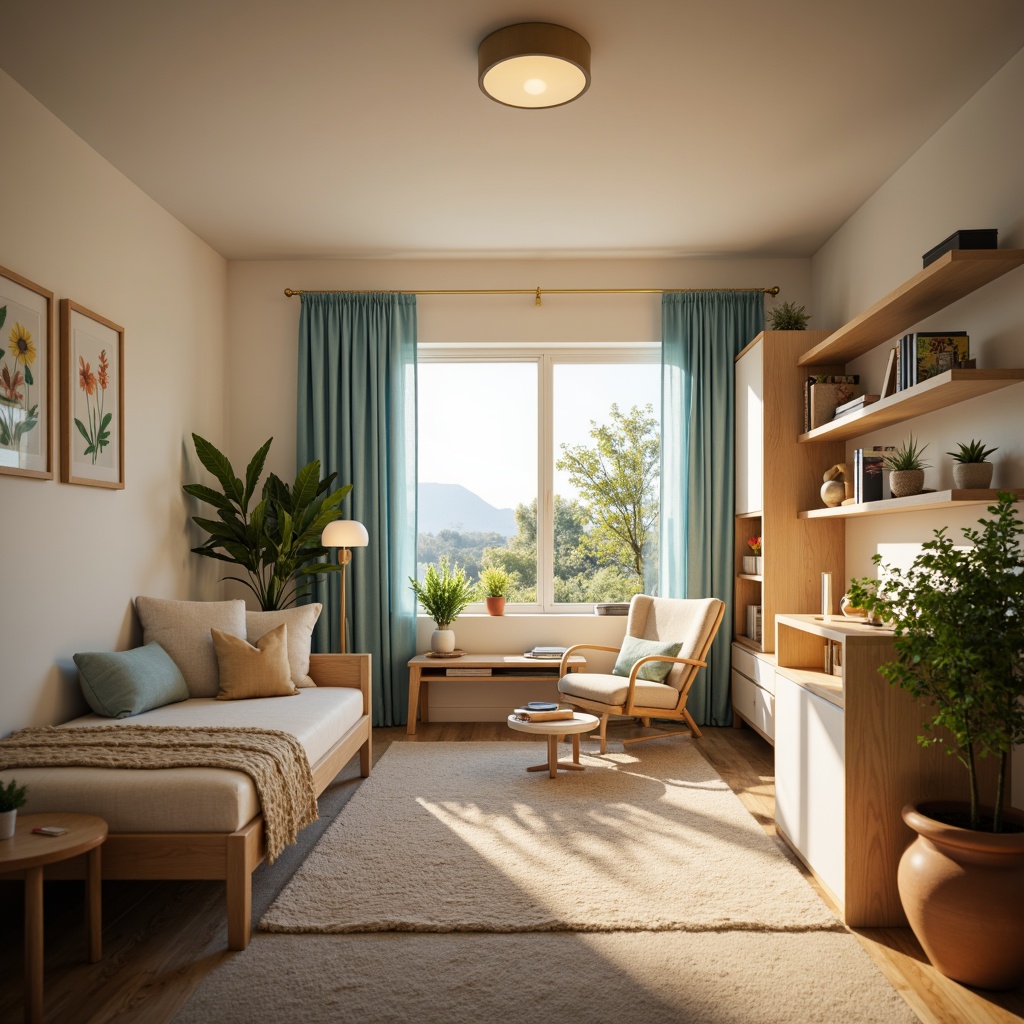 Prompt: Cozy dorm room, warm beige walls, plush carpet, soft pastel colors, calming blue accents, creamy white furniture, natural wood tones, minimalist decor, modern lighting fixtures, cozy reading nook, oversized pillows, textured throw blankets, earthy terracotta pots, lush green plants, warm golden lighting, shallow depth of field, 1/1 composition, realistic textures, ambient occlusion.