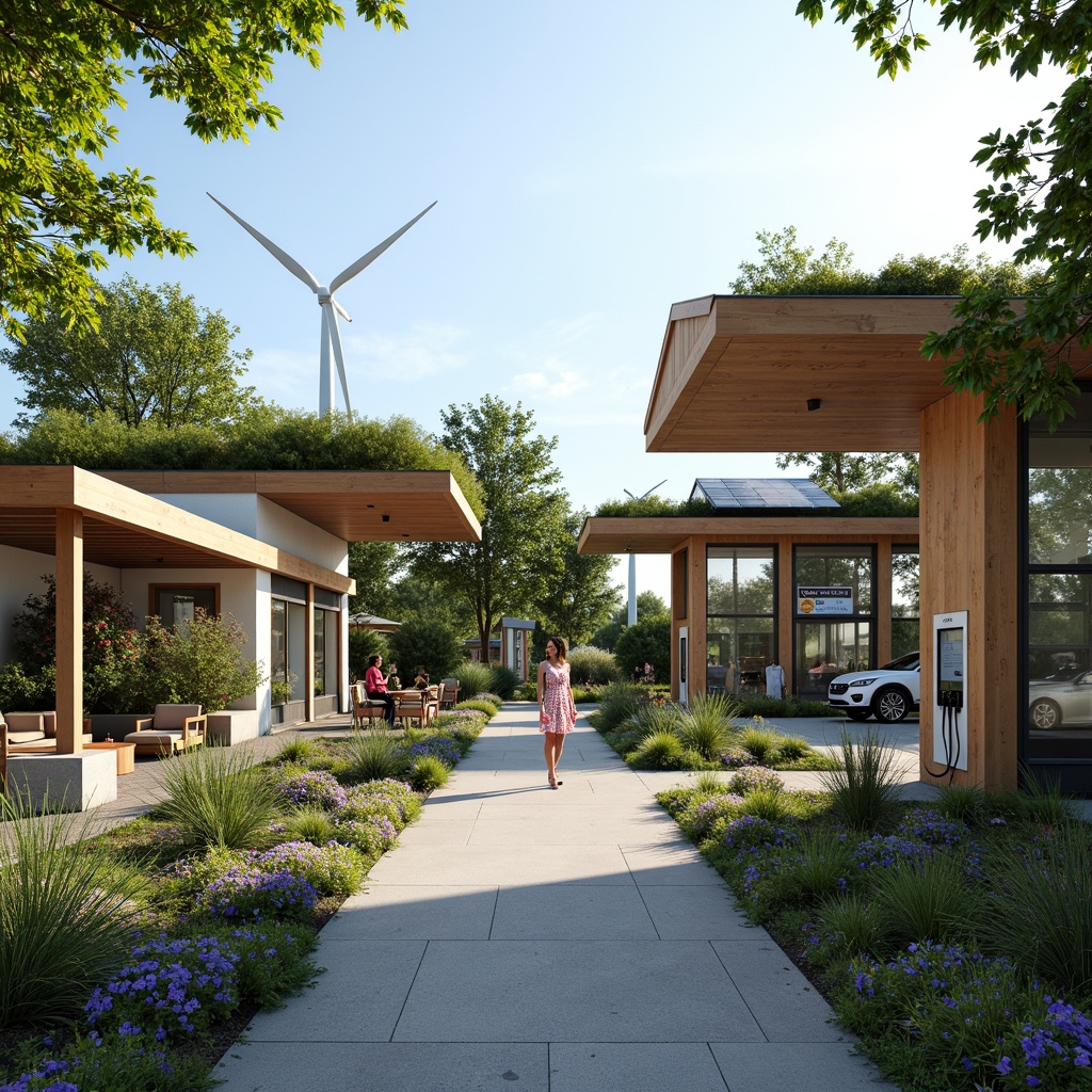 Prompt: Eco-friendly charging station, lush green roofs, solar panels, wind turbines, sustainable energy solutions, natural stone walls, modern minimalist architecture, angular lines, sleek metal accents, vibrant colorful signage, educational displays, interactive kiosks, comfortable outdoor seating, shaded waiting areas, misting systems, aromatic planters, blooming flowers, serene ambiance, soft warm lighting, shallow depth of field, 3/4 composition, panoramic view, realistic textures, ambient occlusion.