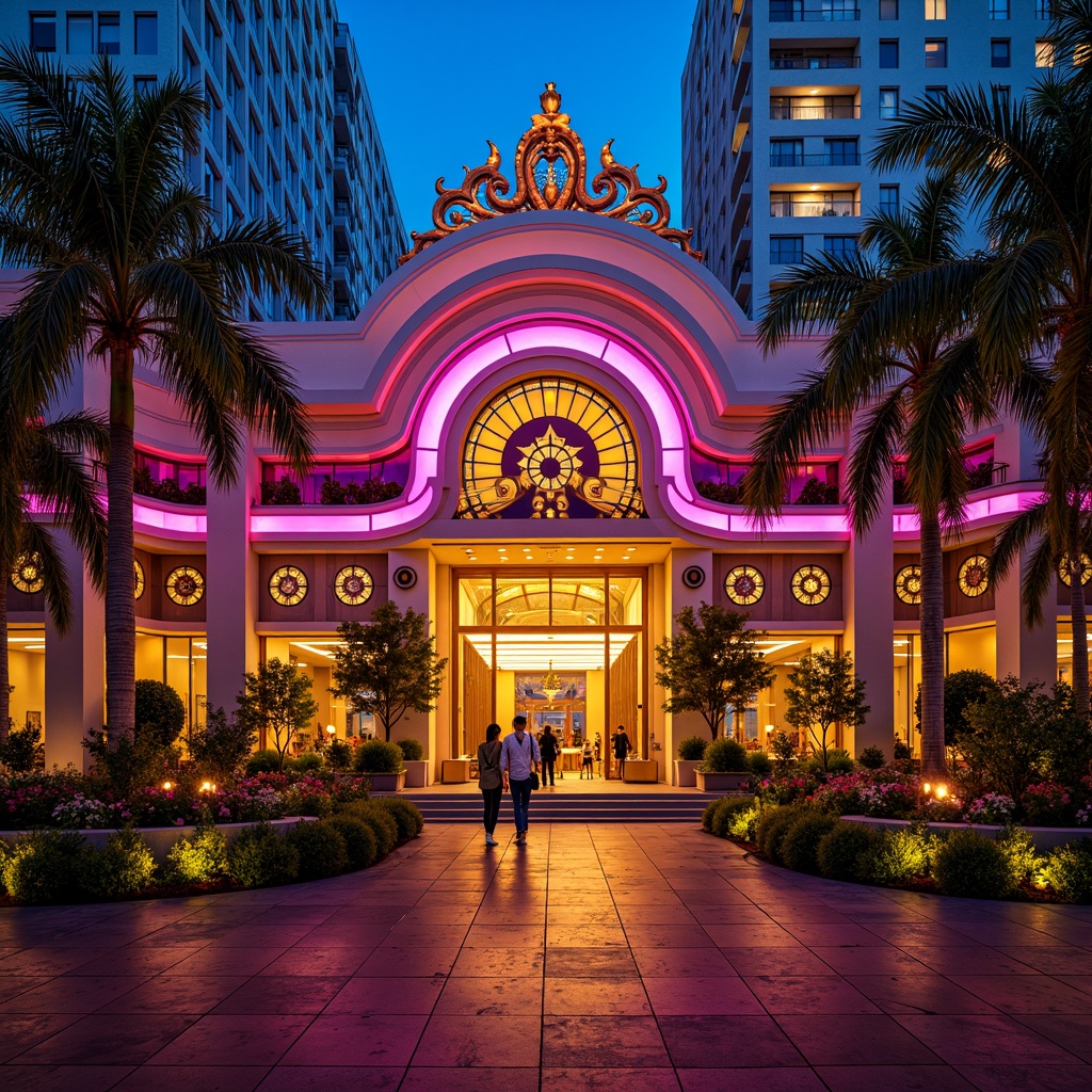 Prompt: Vibrant neon lights, ornate details, grand entrance, sweeping curves, lavish decorations, luxurious materials, bold colors, dynamic shapes, glamorous ambiance, bustling atmosphere, urban nightlife, cityscape backdrop, intricate mosaics, ornamental fountains, exotic vegetation, tropical palms, warm golden lighting, high-contrast shadows, dramatic spotlights, 1/2 composition, cinematic framing, realistic reflections, detailed textures.