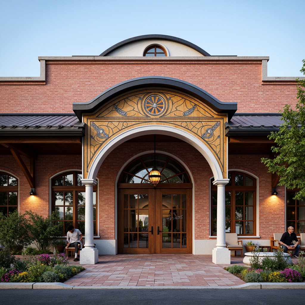 Prompt: Regional bus station facade, rustic brick walls, curved roofs, wooden accents, traditional tile patterns, ornate metal details, grand entrance archways, vibrant local colors, cultural symbolic motifs, natural stone foundations, earthy tones, warm soft lighting, shallow depth of field, 3/4 composition, panoramic view, realistic textures, ambient occlusion.