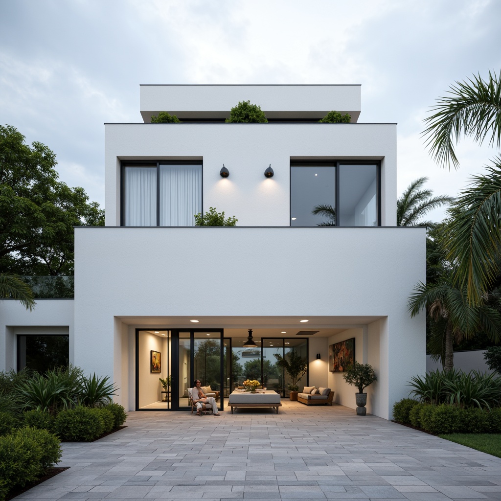 Prompt: Clean minimalist facade, simple rectangular forms, monochromatic color scheme, white concrete walls, large glass windows, sliding doors, subtle metal accents, hidden LED lighting, natural stone floors, sparse greenery, urban cityscape, cloudy day, soft diffused light, shallow depth of field, 1/1 composition, symmetrical framing, realistic textures, ambient occlusion.