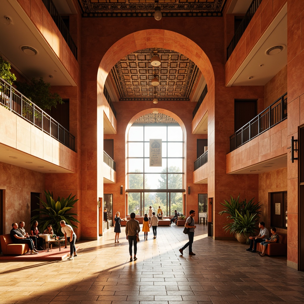 Prompt: Vibrant cultural center, warm earthy tones, rich wood accents, bold color blocking, geometric patterns, Islamic-inspired architecture, grand atrium, natural light pouring in, soft warm lighting, shallow depth of field, 3/4 composition, panoramic view, realistic textures, ambient occlusion.