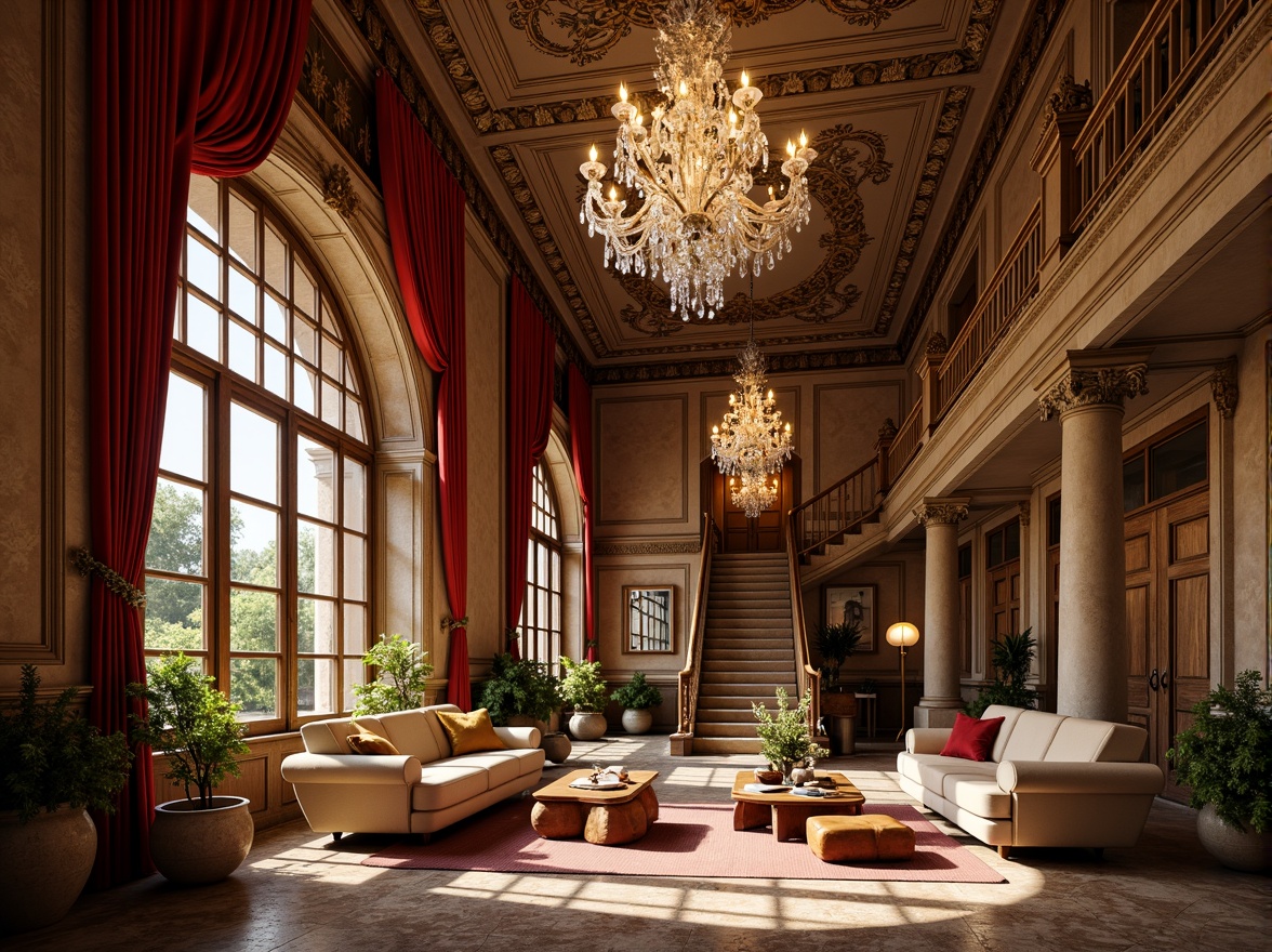 Prompt: Intricate carvings, ornate moldings, luxurious materials, velvet drapes, crystal chandeliers, gilded accents, refined proportions, classical architecture, opulent furnishings, lavish decorations, majestic columns, grand staircases, sweeping archways, warm golden lighting, soft focus blur, 1/2 composition, realistic renderings, ambient occlusion.