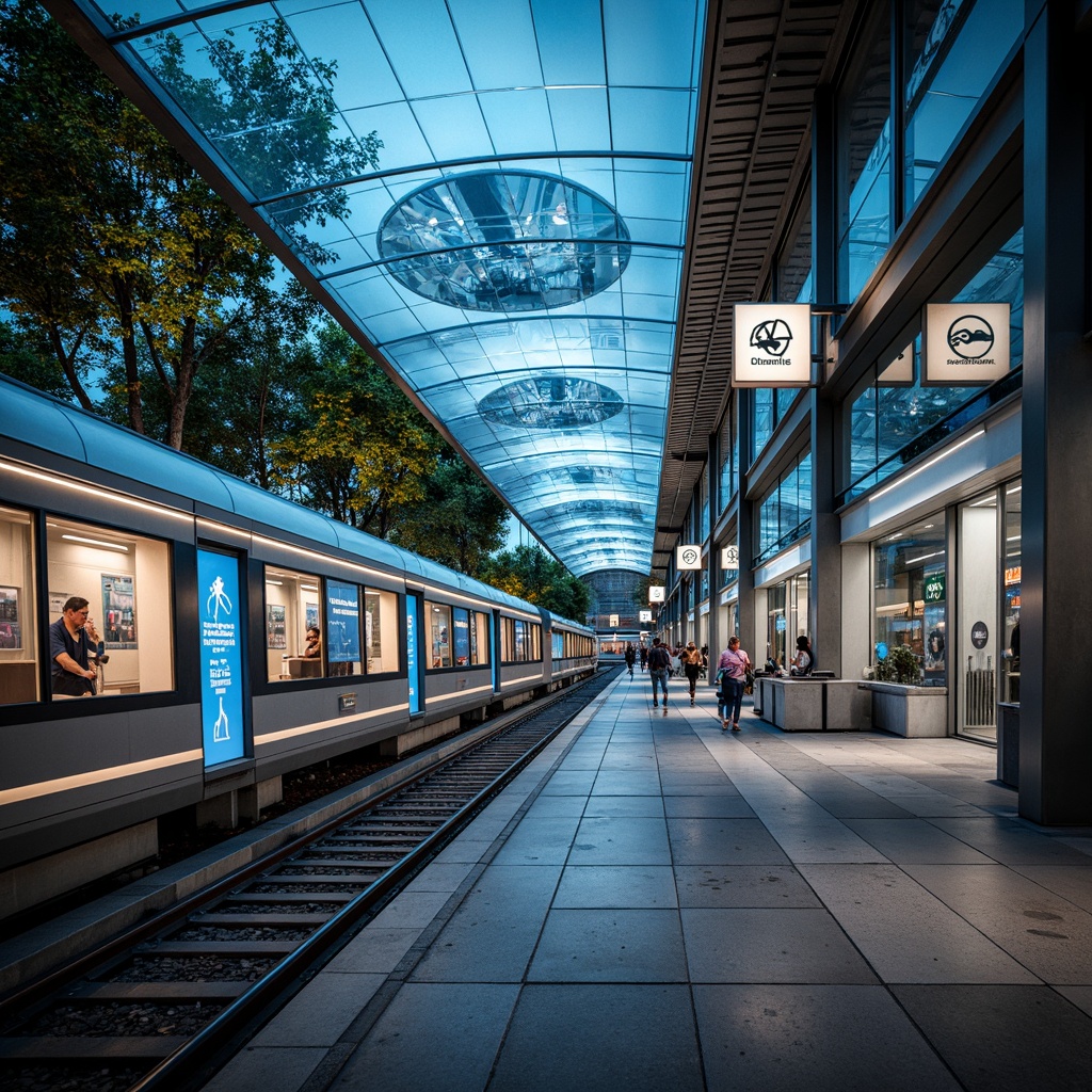 Prompt: Futuristic metro station, curved glass facade, sleek metallic surfaces, dynamic LED lighting, high-tech architecture, modern transportation hub, bustling urban atmosphere, vibrant cityscape, neon signs, abstract patterns, geometric shapes, stainless steel accents, minimalist design, efficient passenger flow, advanced security systems, digital wayfinding displays, real-time information boards, sustainable energy harvesting, green roofs, panoramic views, shallow depth of field, 3/4 composition, realistic textures.