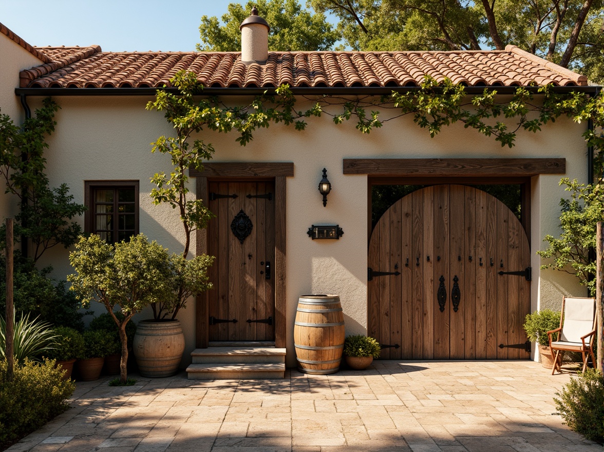 Prompt: Rustic winery facade, eclectic mix of materials, weathered stone walls, distressed wood accents, ornate metalwork, vintage wine barrels, curved lines, asymmetrical composition, earthy color palette, terracotta roof tiles, lush green vines, warm sunny day, soft golden lighting, shallow depth of field, 1/2 composition, intimate rustic atmosphere, natural textures, ambient occlusion.