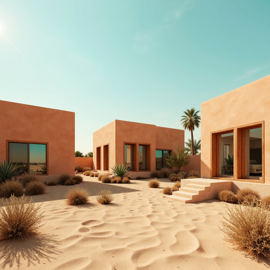 Prompt: Earthy desert buildings, warm beige walls, sandy dunes, cactus silhouettes, turquoise accents, burnt orange hues, soft terracotta tones, weathered wood textures, natural stone foundations, modern minimalist architecture, large glass windows, sleek metal frames, hot sunny day, clear blue sky, vast open space, subtle gradient effects, warm atmospheric lighting, low poly 3D models, realistic rock formations.