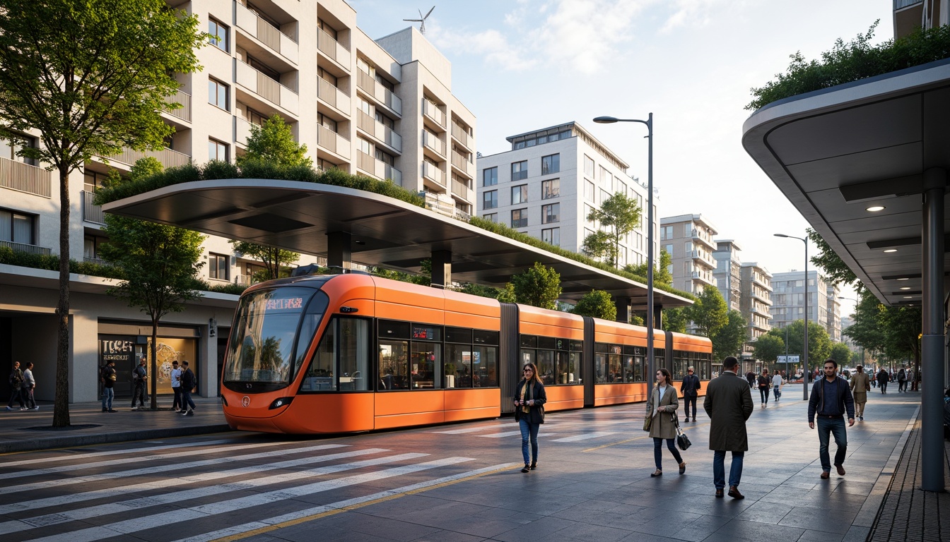 Prompt: Vibrant tram station, curved lines, futuristic architecture, green roofs, solar panels, wind turbines, energy-efficient systems, recycled materials, natural ventilation, large windows, minimalistic design, urban connectivity, busy city streets, morning rush hour, soft warm lighting, shallow depth of field, 3/4 composition, panoramic view, realistic textures, ambient occlusion.