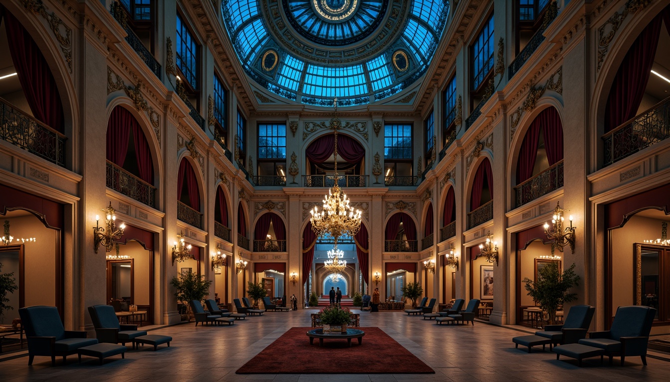 Prompt: Majestic Prussian blue domes, ornate golden accents, intricate stone carvings, grandiose columns, symmetrical archways, lavish foyers, opulent chandeliers, rich velvet drapes, regal throne-like furniture, mysterious nighttime ambiance, warm candlelight glow, dramatic shadows, 1/2 composition, low-key lighting, realistic render, detailed textures.