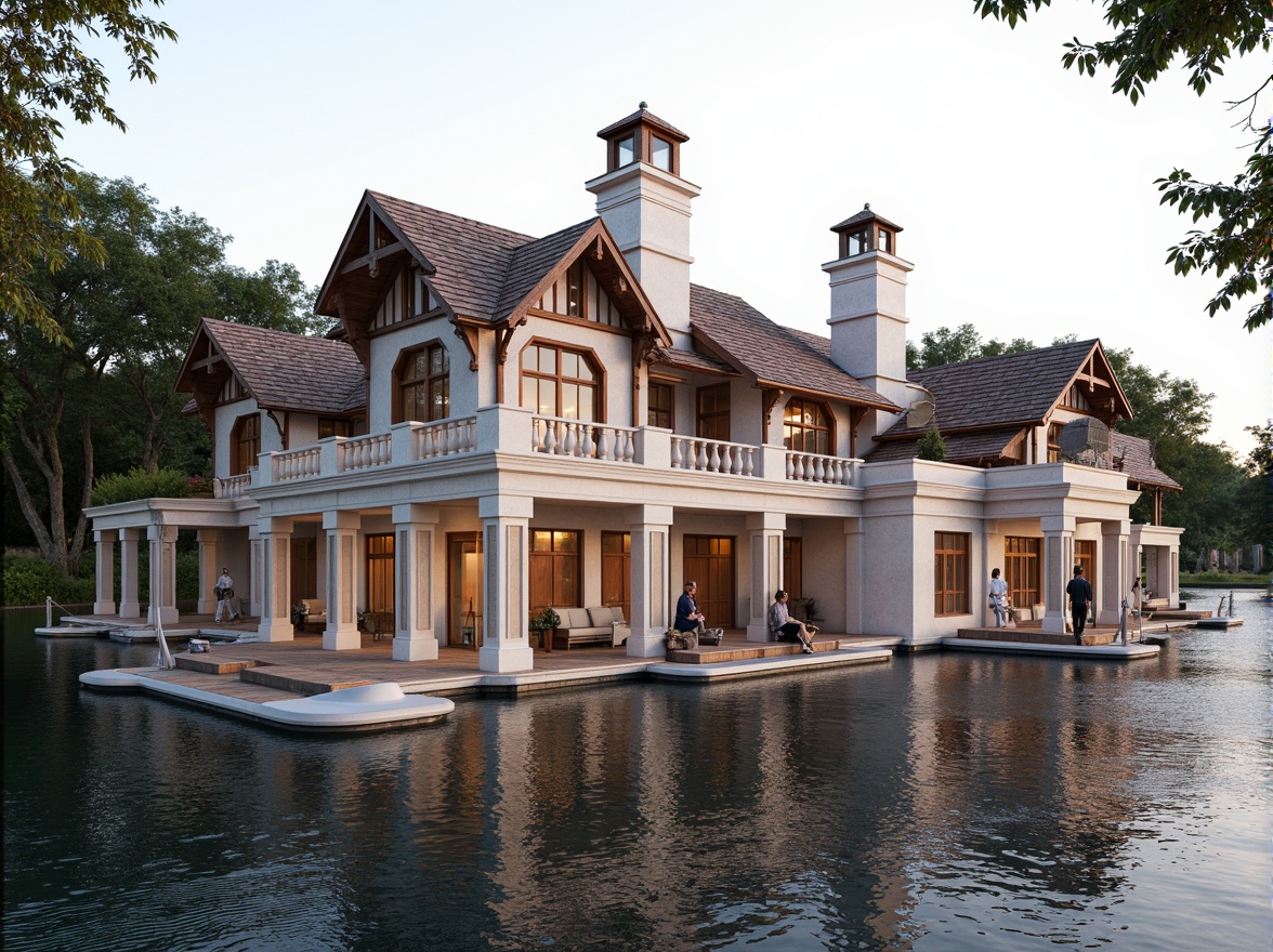 Prompt: Elegant boathouse, neoclassical architecture, wooden docks, rippling water reflections, tranquil lake scenery, steeply pitched roofs, terra cotta tiles, ornate chimneys, white stucco walls, classical columns, intricate moldings, ornamental cornices, soft warm lighting, 1/1 composition, shallow depth of field, realistic textures, ambient occlusion.