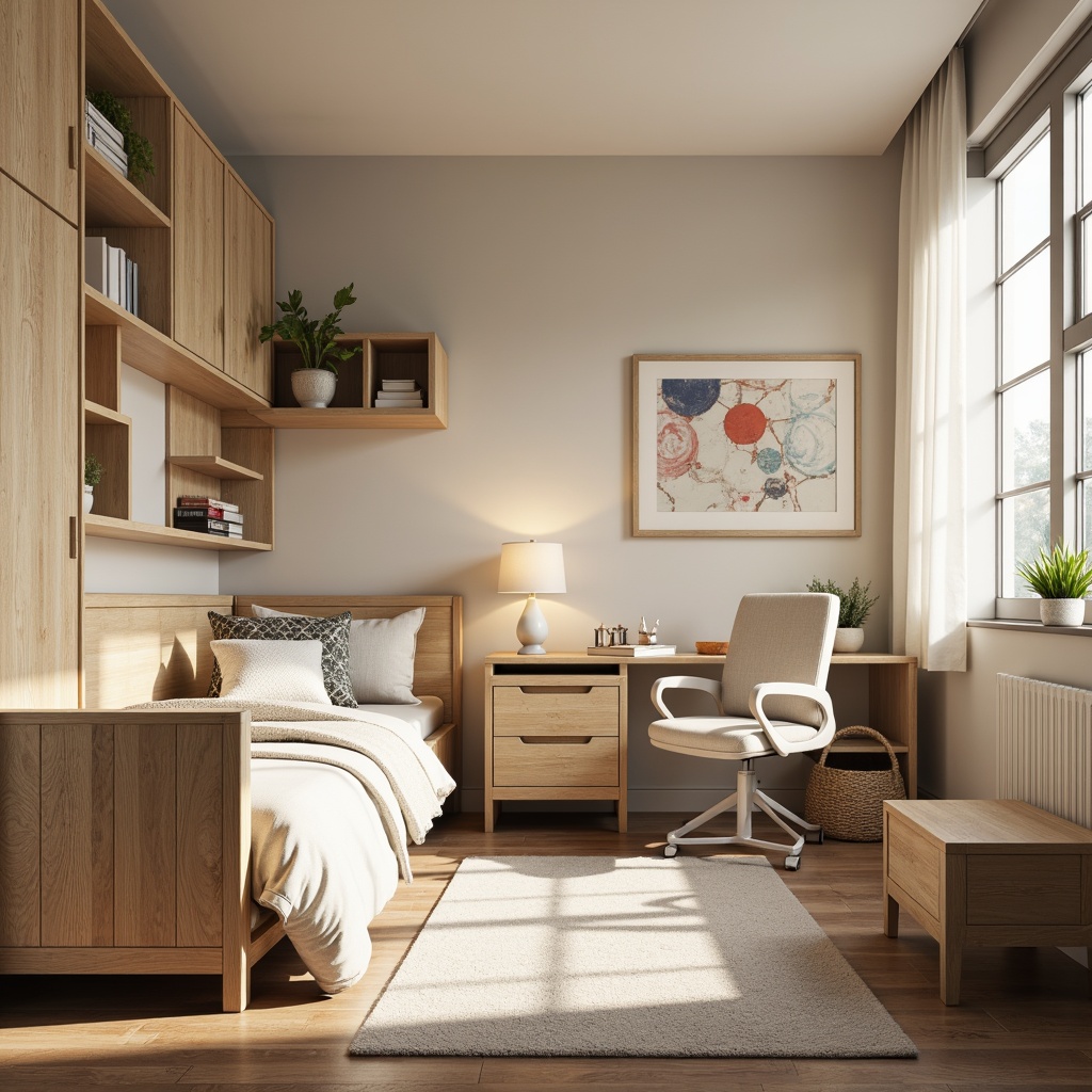 Prompt: Cozy dorm room, functional furniture layout, compact storage units, comfortable bedding, ergonomic desk chairs, modern task lamps, minimalist decor, soft pastel colors, warm wooden accents, plush area rugs, tranquil atmosphere, natural light pouring in, softbox lighting, 1/1 composition, realistic textures, ambient occlusion.