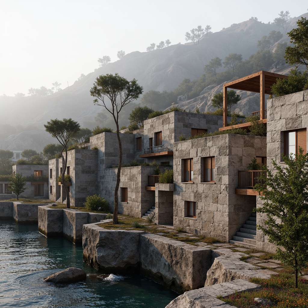 Prompt: Rustic coastal buildings, weathered stone walls, rough-hewn granite blocks, salt-sprayed fa\u00e7ades, driftwood accents, beach-inspired textures, ocean-breeze ventilation, seaweed-covered roofs, tidal pool reflections, wave-crashing sounds, misty mornings, soft warm lighting, natural materiality, earthy color palette, robust structural framework, reinforced concrete foundations, protective sea walls, dramatic ocean views, panoramic coastal scenery, 1/2 composition, realistic weathering effects, ambient occlusion.