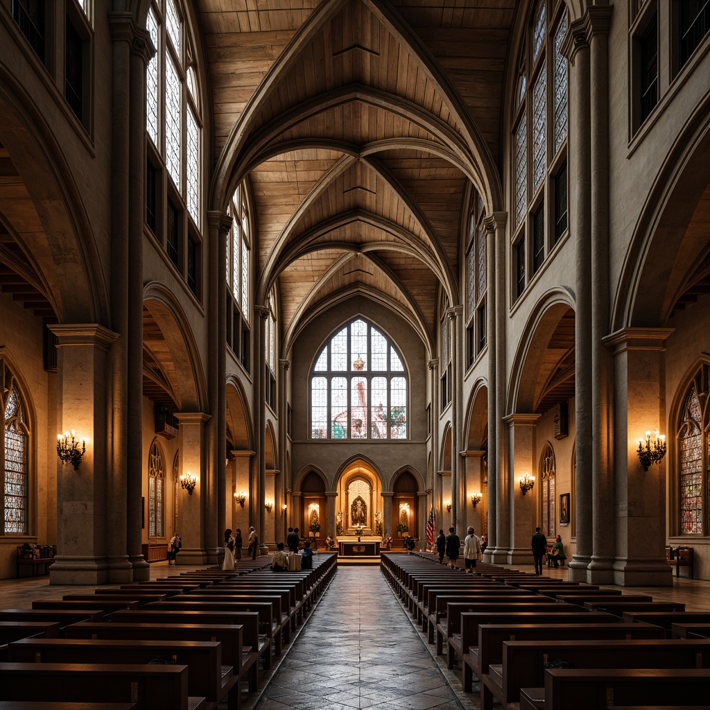 Prompt: Majestic Romanesque church, soaring arched ceilings, ribbed vaults, ornate capitals, rustic stone walls, stained glass windows, intricate carvings, grandiose entranceways, imposing bell towers, serene prayer halls, atmospheric candlelight, warm earthy tones, weathered stone textures, dramatic shadows, symmetrical composition, low-angle shot, ambient occlusion.