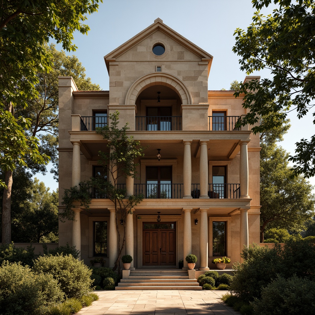 Prompt: Majestic Romanesque house, grand entrance, sturdy stone columns, rounded arches, ornate capitals, rustic stonework, earthy color palette, lush greenery, climbing vines, wooden doorways, stained glass windows, intricate carvings, warm golden lighting, shallow depth of field, 1/1 composition, symmetrical view, realistic textures, ambient occlusion.