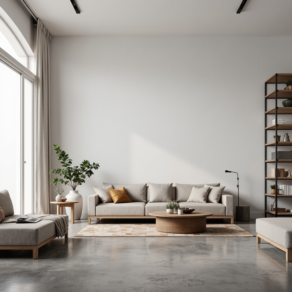 Prompt: Monochromatic color palette, natural textures, plain white walls, polished concrete floors, minimalist furniture, low-profile sofas, sleek coffee tables, industrial metal shelving, reclaimed wood accents, simple geometric patterns, matte finishes, soft warm lighting, subtle shadows, shallow depth of field, 1/1 composition, realistic renderings, ambient occlusion.