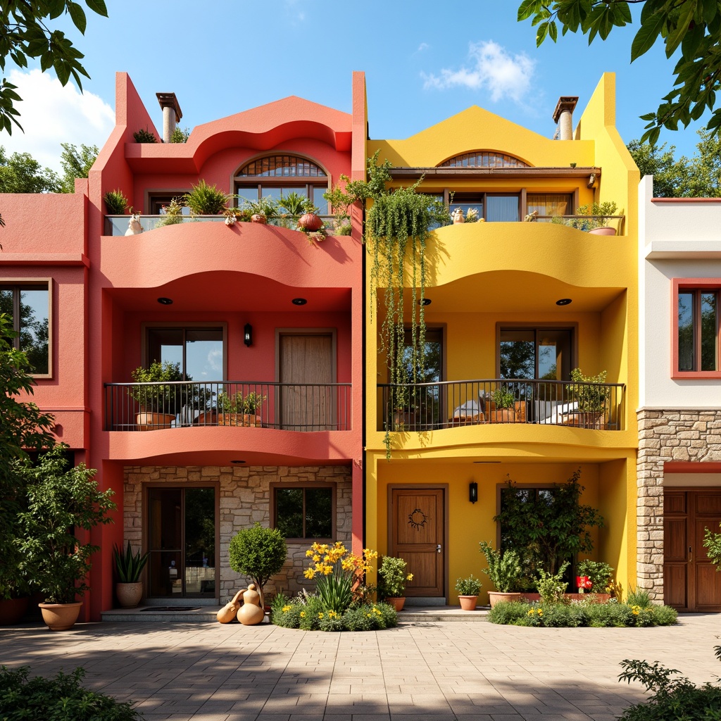 Prompt: Vibrant kindergarten facade, eclectic style architecture, playful color scheme, irregular shapes, whimsical patterns, bright yellow walls, bold red accents, curved lines, wavy roofs, decorative chimneys, ornate wooden doors, stained glass windows, flower-shaped balconies, climbing vines, lush greenery, natural stone foundation, playful outdoor spaces, sandbox areas, musical instruments sculptures, educational signage, sunny day, soft warm lighting, shallow depth of field, 3/4 composition, panoramic view, realistic textures, ambient occlusion.