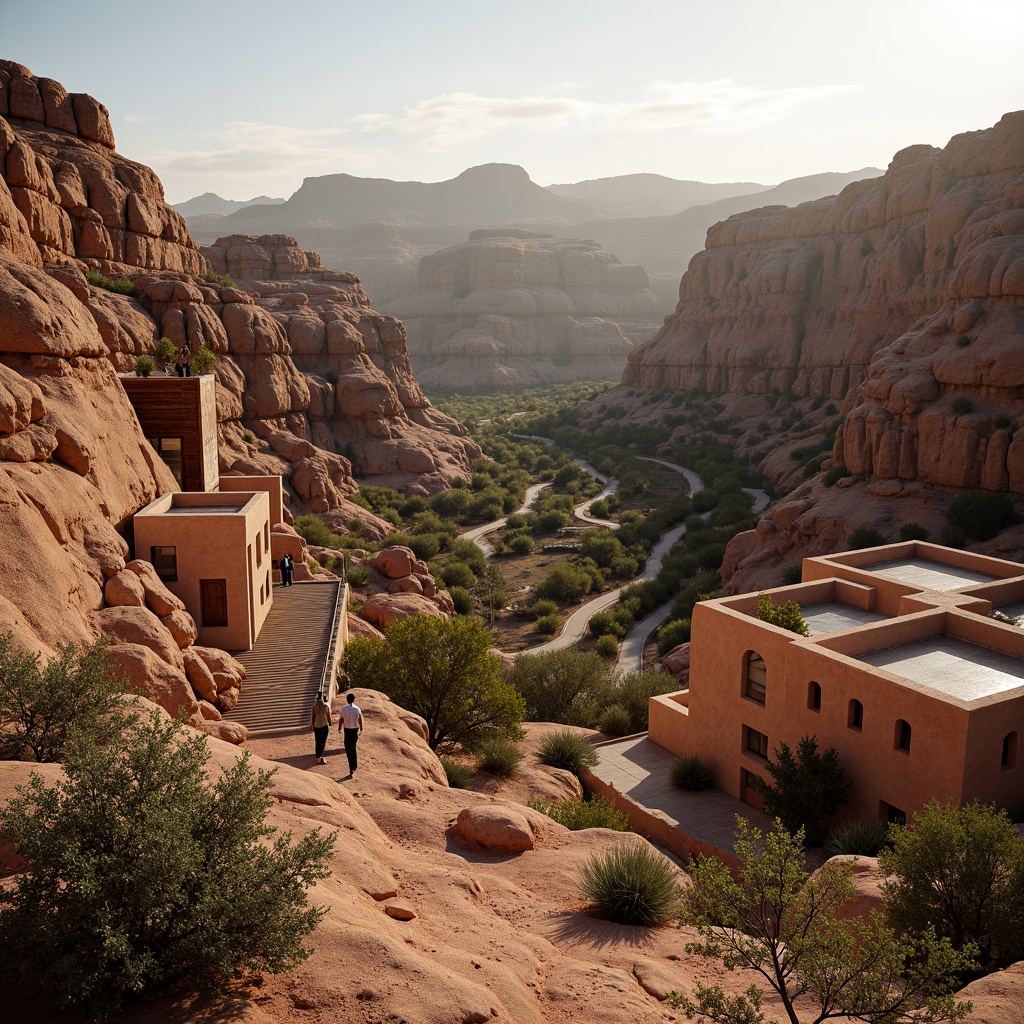 Prompt: Canyon landscape, rugged rock formations, winding trails, desert flora, adobe-inspired buildings, earthy tones, natural stone walls, wooden accents, cantilevered roofs, panoramic views, dramatic shadows, warm golden lighting, soft focus, 1/1 composition, atmospheric perspective, realistic textures, subtle depth of field.